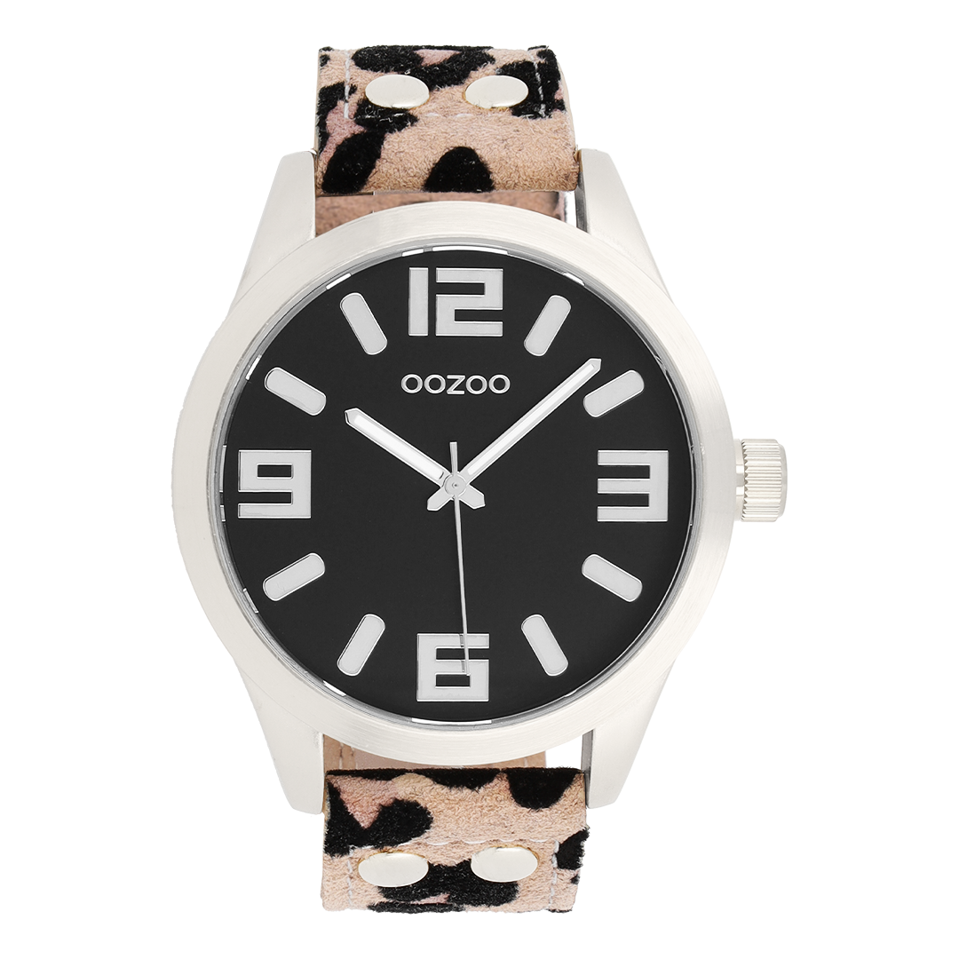 Zilverkleurige OOZOO horloge met bruine leren band - C0901