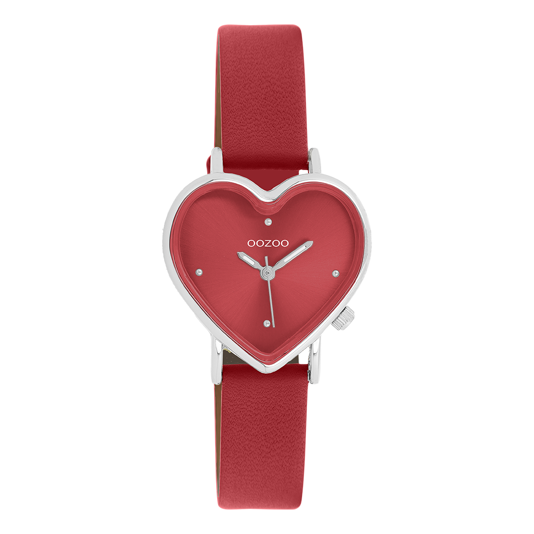 Zilverkleurige OOZOO horloge met rode leren band - C11448