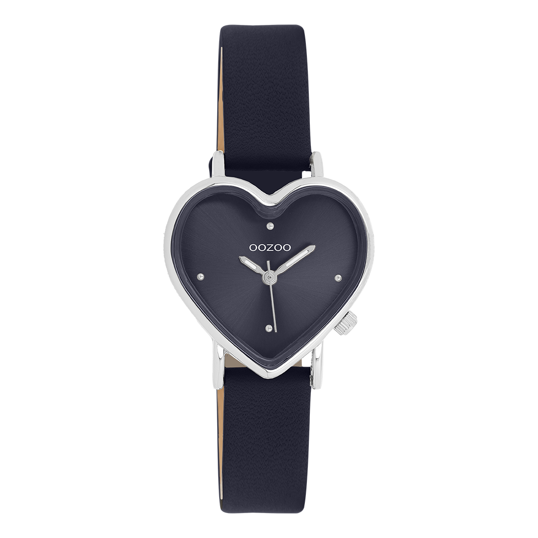 Zilverkleurige OOZOO horloge met donker blauwe leren band - C11449
