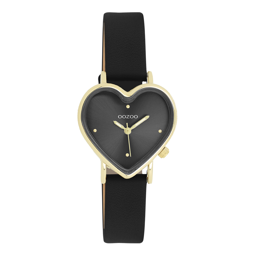 Goudkleurige OOZOO horloge met zwarte leren band - C11452