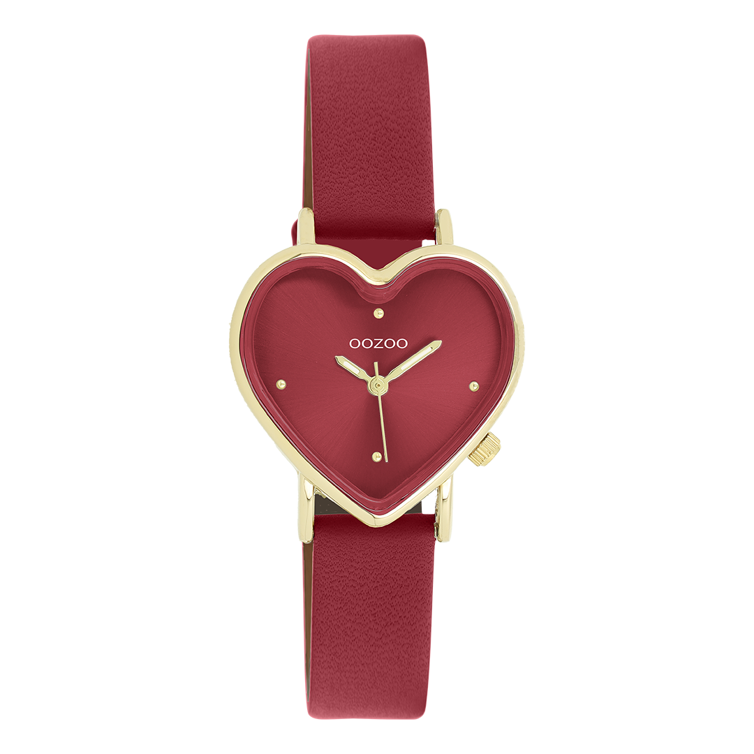 Goudkleurige OOZOO horloge met bordeaux rode leren band - C11454