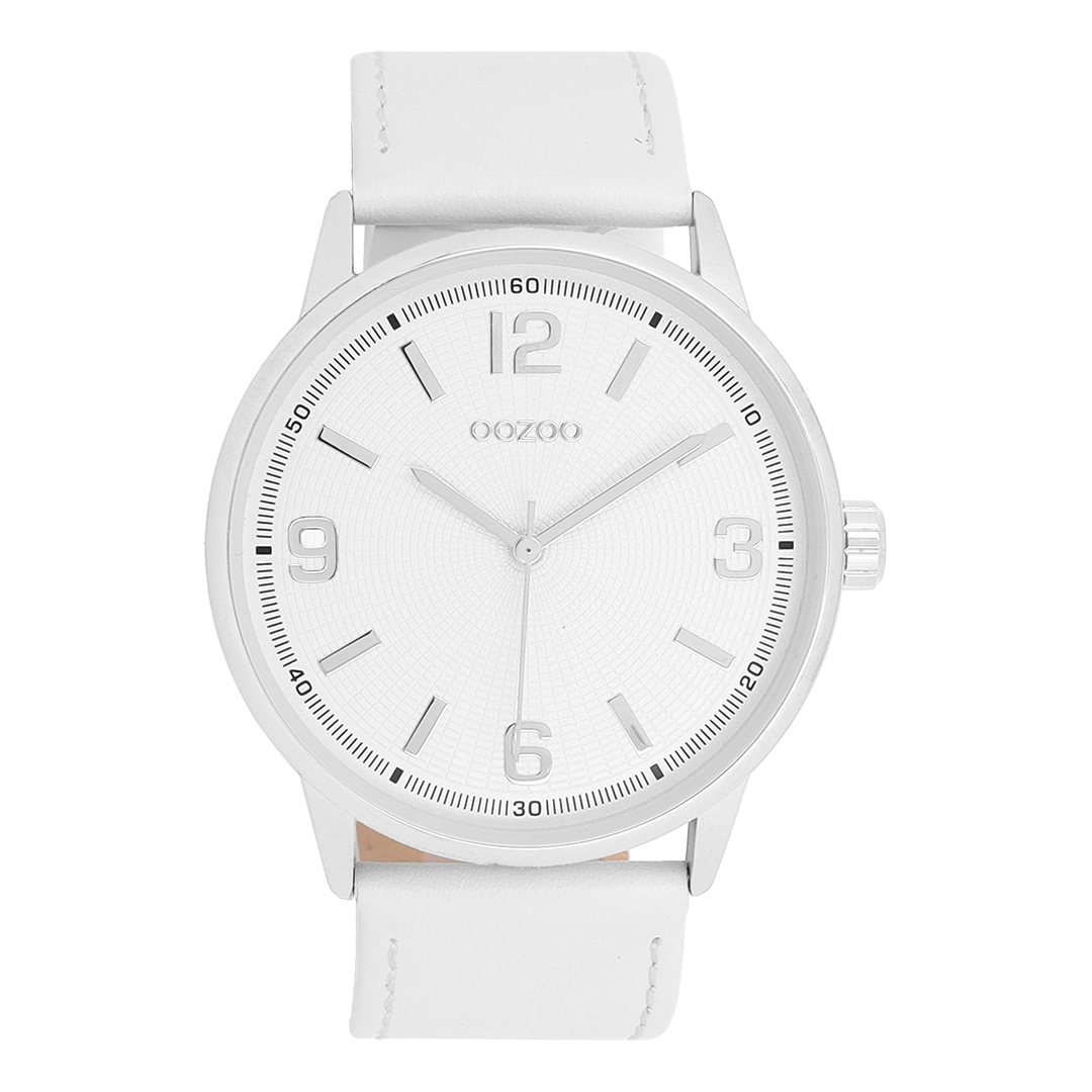 Zilverkleurige OOZOO horloge met witte leren band - C11500