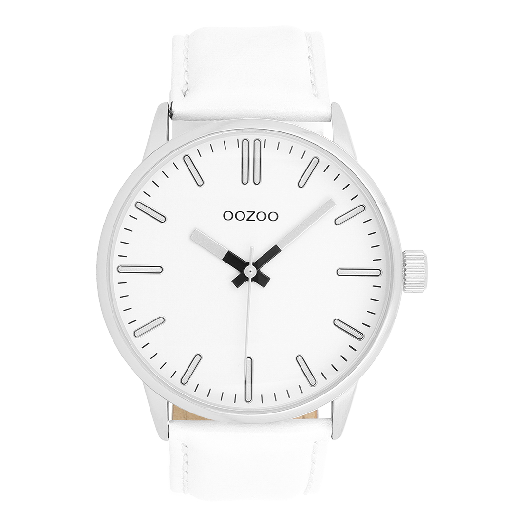 Zilverkleurige OOZOO horloge met witte leren band - C11512