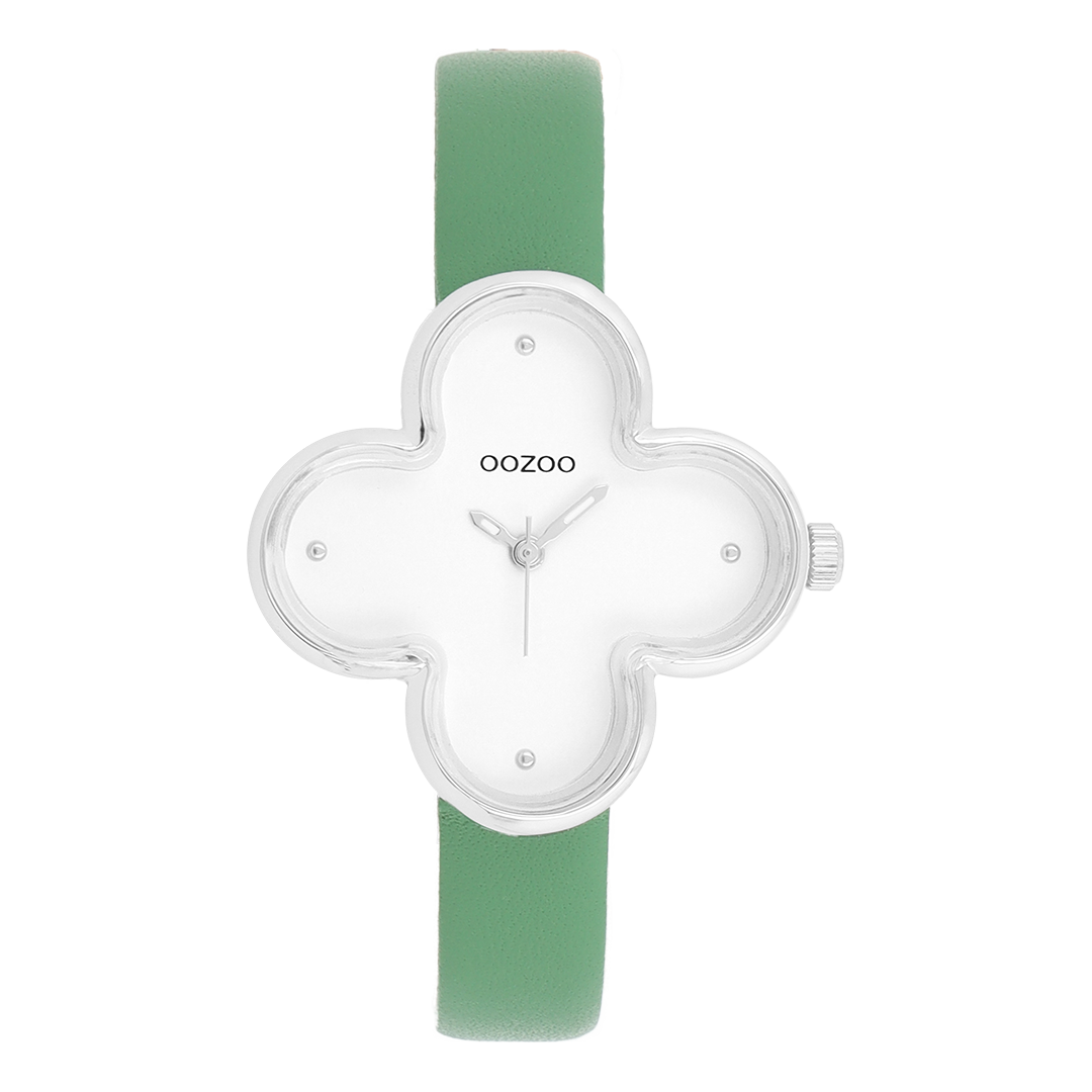 Zilverkleurige OOZOO horloge met groene leren band - C11523