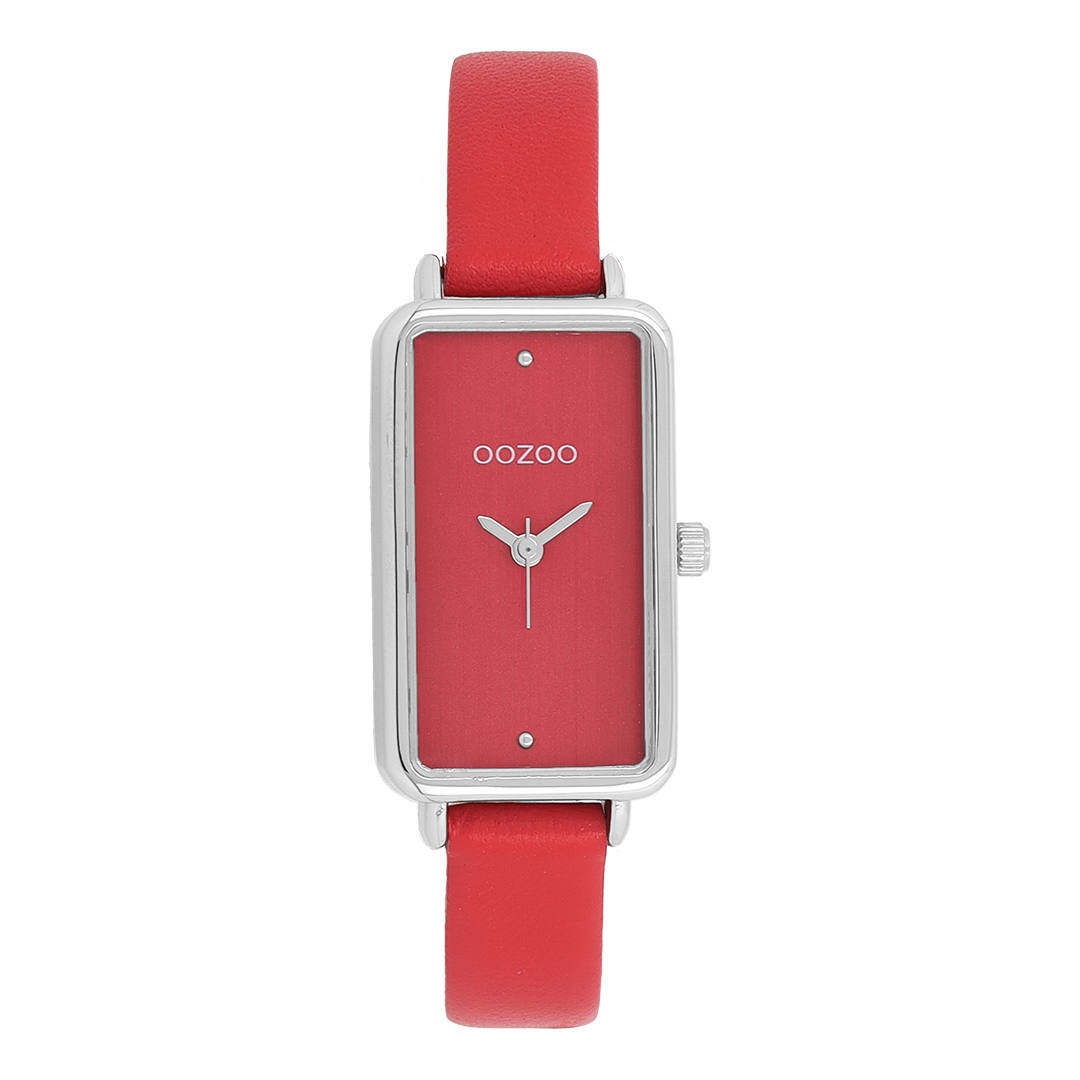 Zilverkleurige OOZOO horloge met rode leren band - C11532