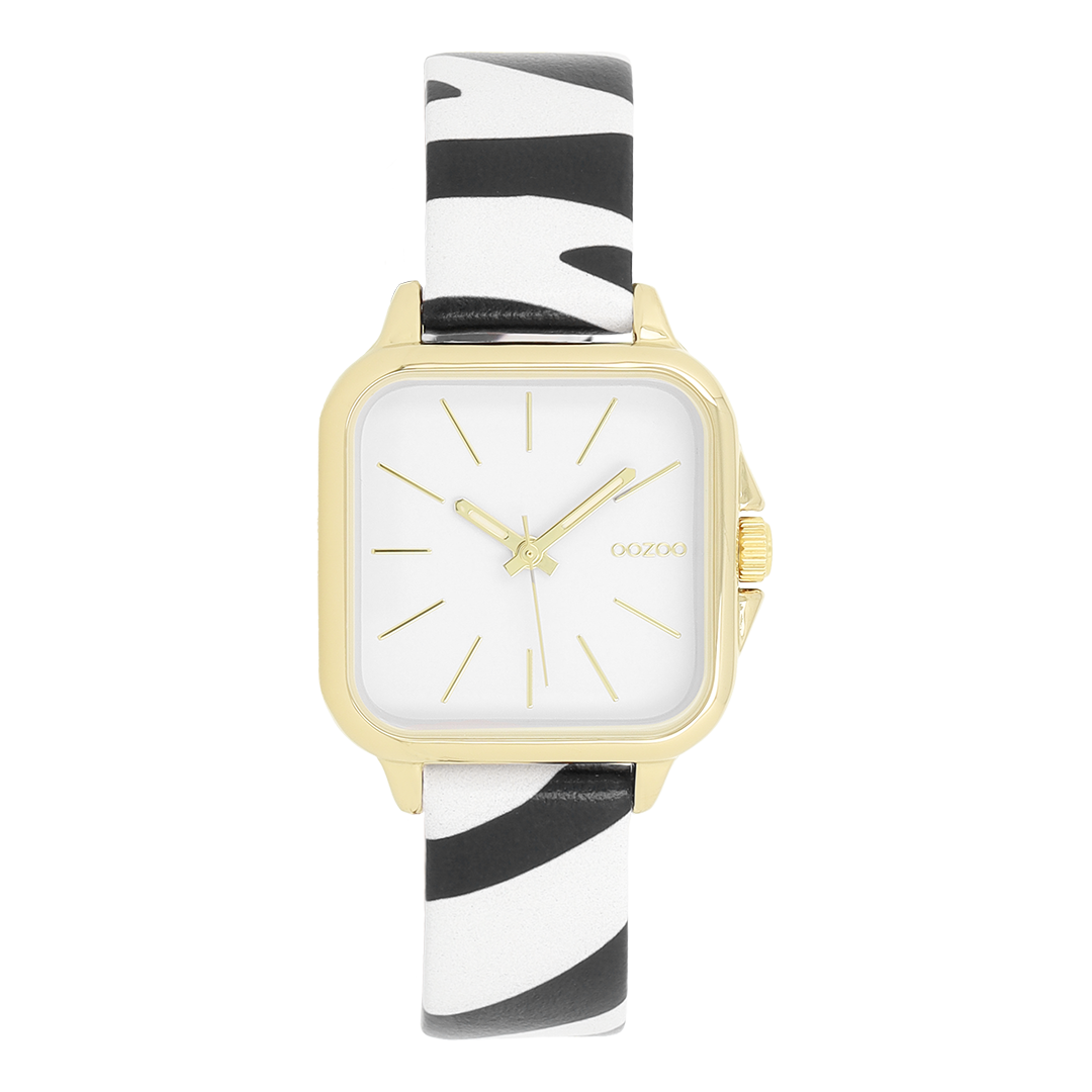 Goudkleurige OOZOO horloge met zwart/witte leren band - C11610