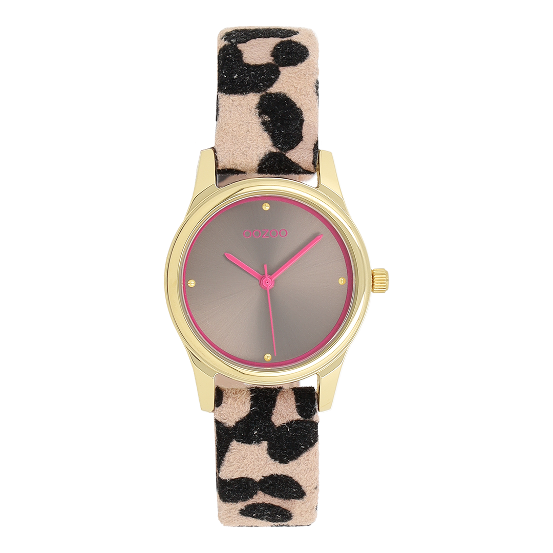 Goudkleurige OOZOO horloge met bruin/zwarte leren band - C11626