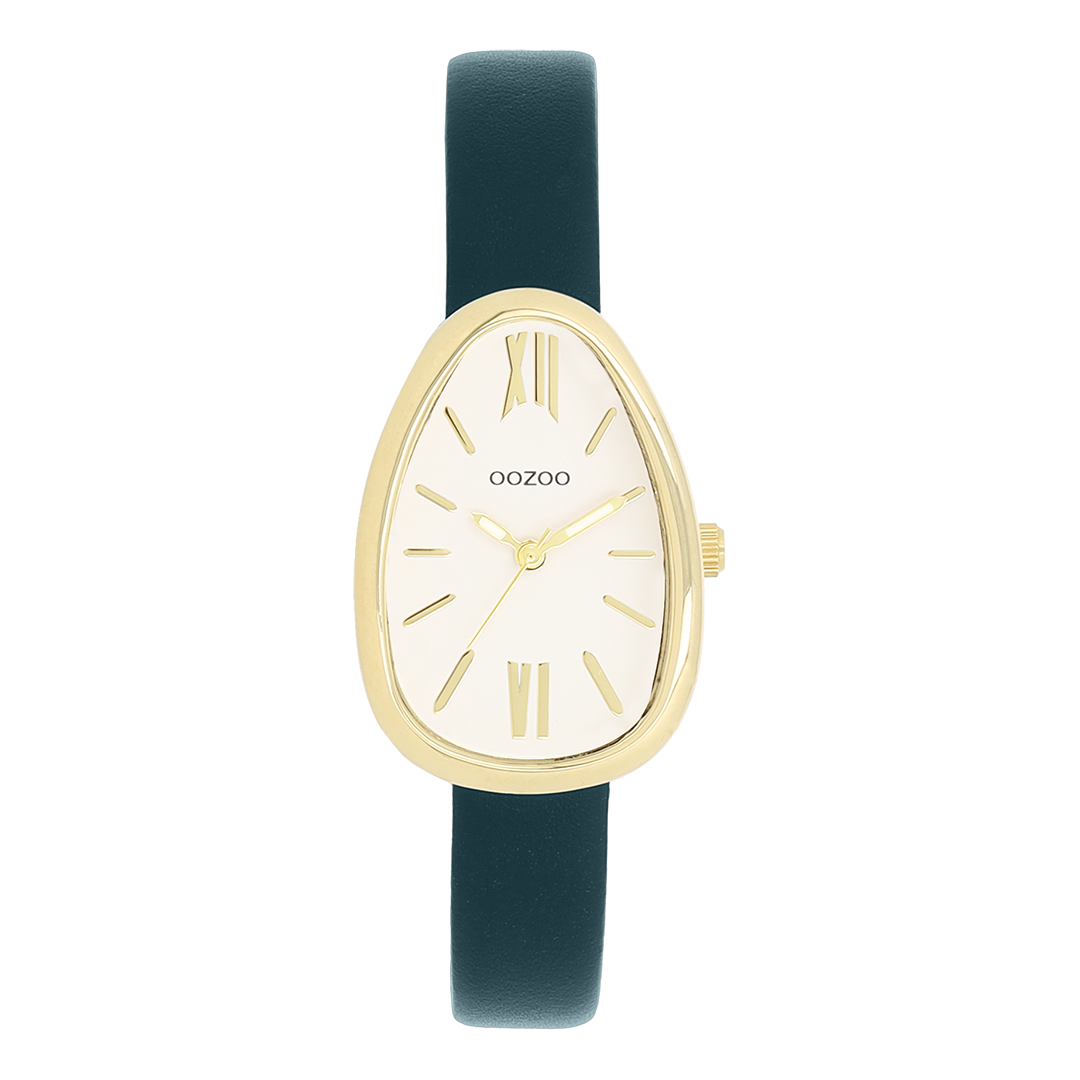 Goudkleurige OOZOO horloge met donker groene leren band - C11636