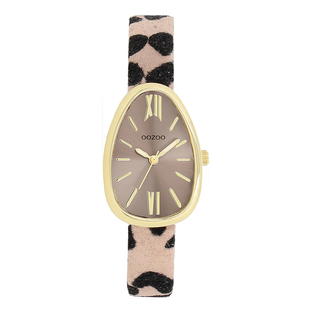 Goudkleurige OOZOO horloge met bruin/zwarte leren band - C11638
