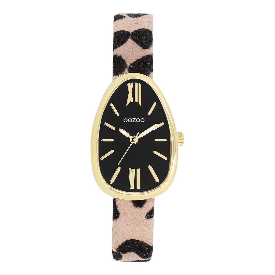 Goudkleurige OOZOO horloge met bruin/zwarte leren band - C11639