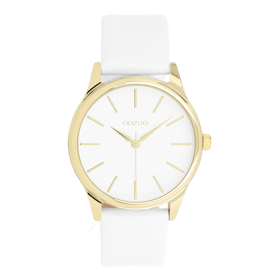 Goudkleurige OOZOO horloge met witte leren band - C11675