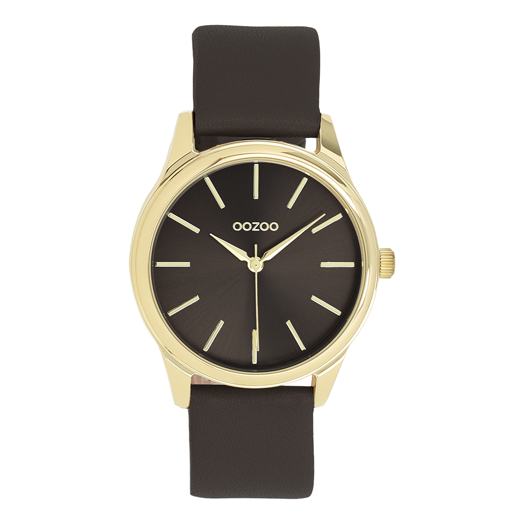 Goudkleurige OOZOO horloge met donker bruine leren band - C11678