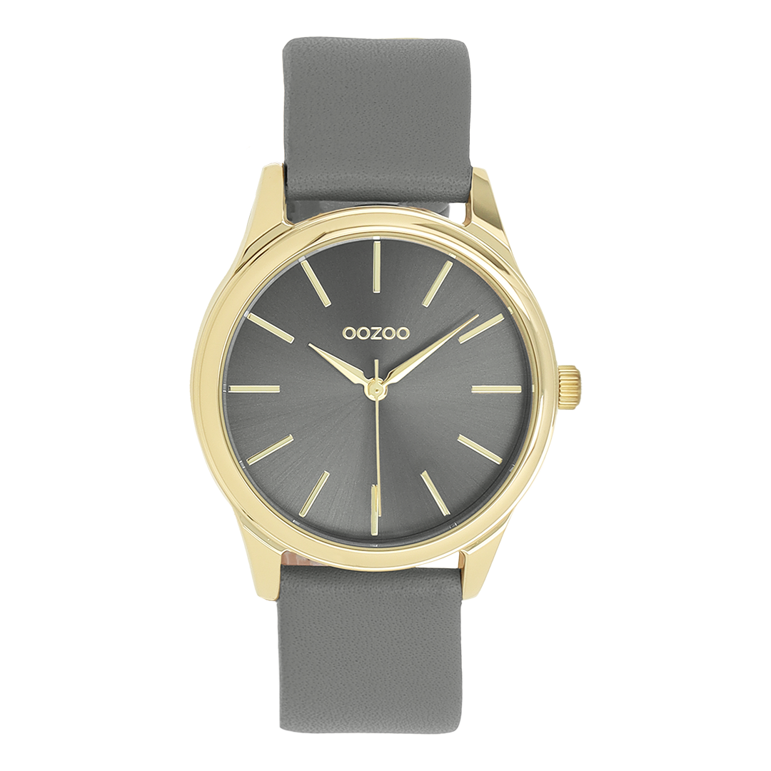 Goudkleurige OOZOO horloge met donker grijze leren band - C11679