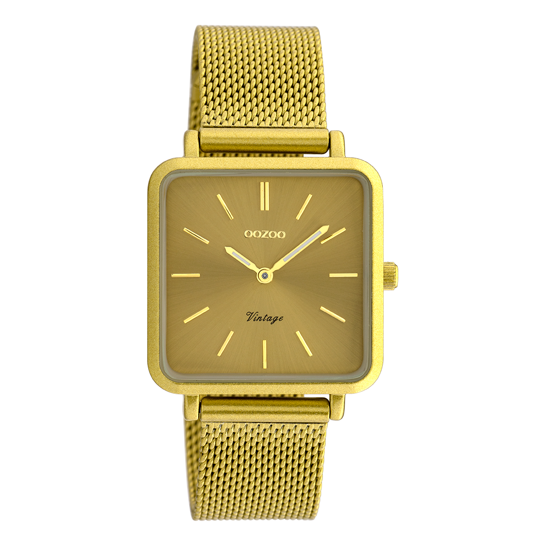 Mosterd gele OOZOO horloge met metalen mesh armband - C20010