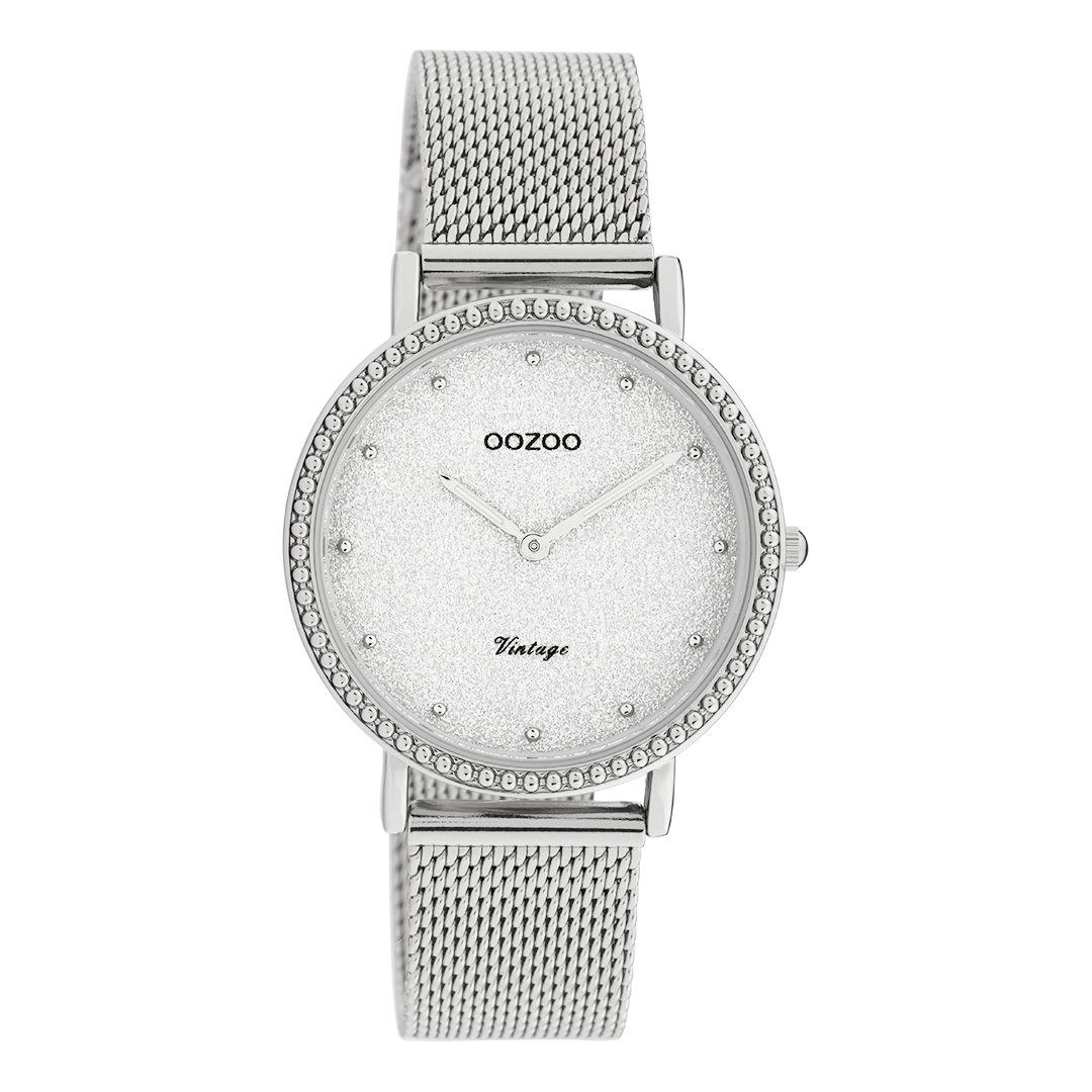 Zilverkleurige OOZOO horloge met metalen mesh armband - C20051