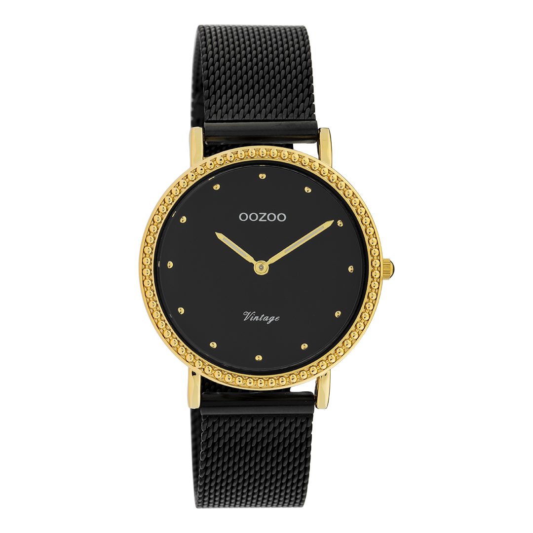 Goudkleurige OOZOO horloge met zwarte metalen mesh armband - C20058