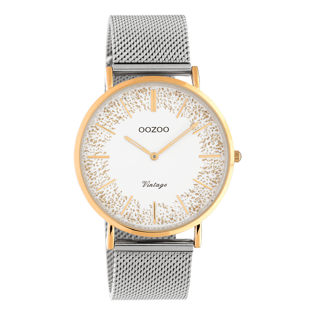Rose gold coloured OOZOO watch with silver coloured metal mesh bracelet - C20136