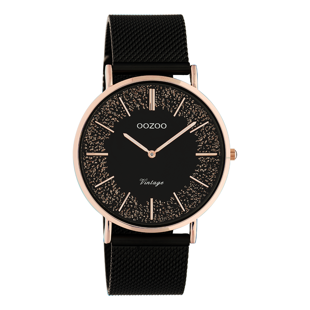 Rose gold coloured OOZOO watch with black metal mesh bracelet - C20142