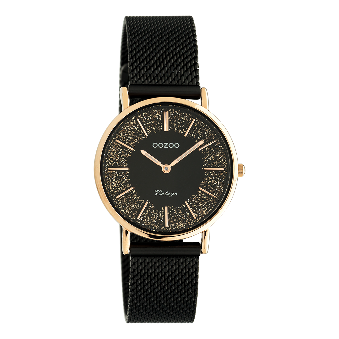 Rosé goudkleurige OOZOO horloge met zwarte metalen mesh armband - C20143