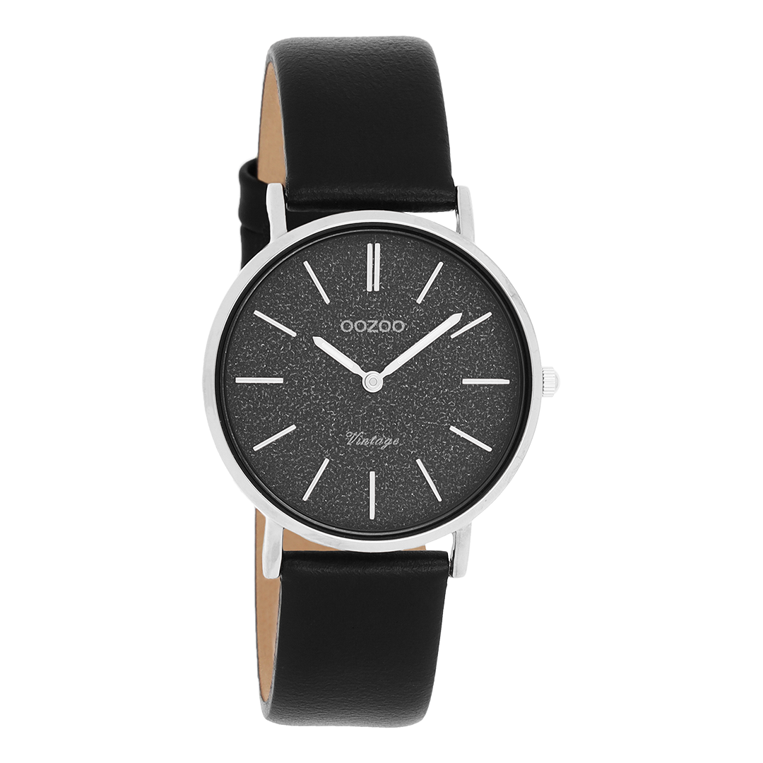 Silver coloured OOZOO watch with black leather strap - C20208