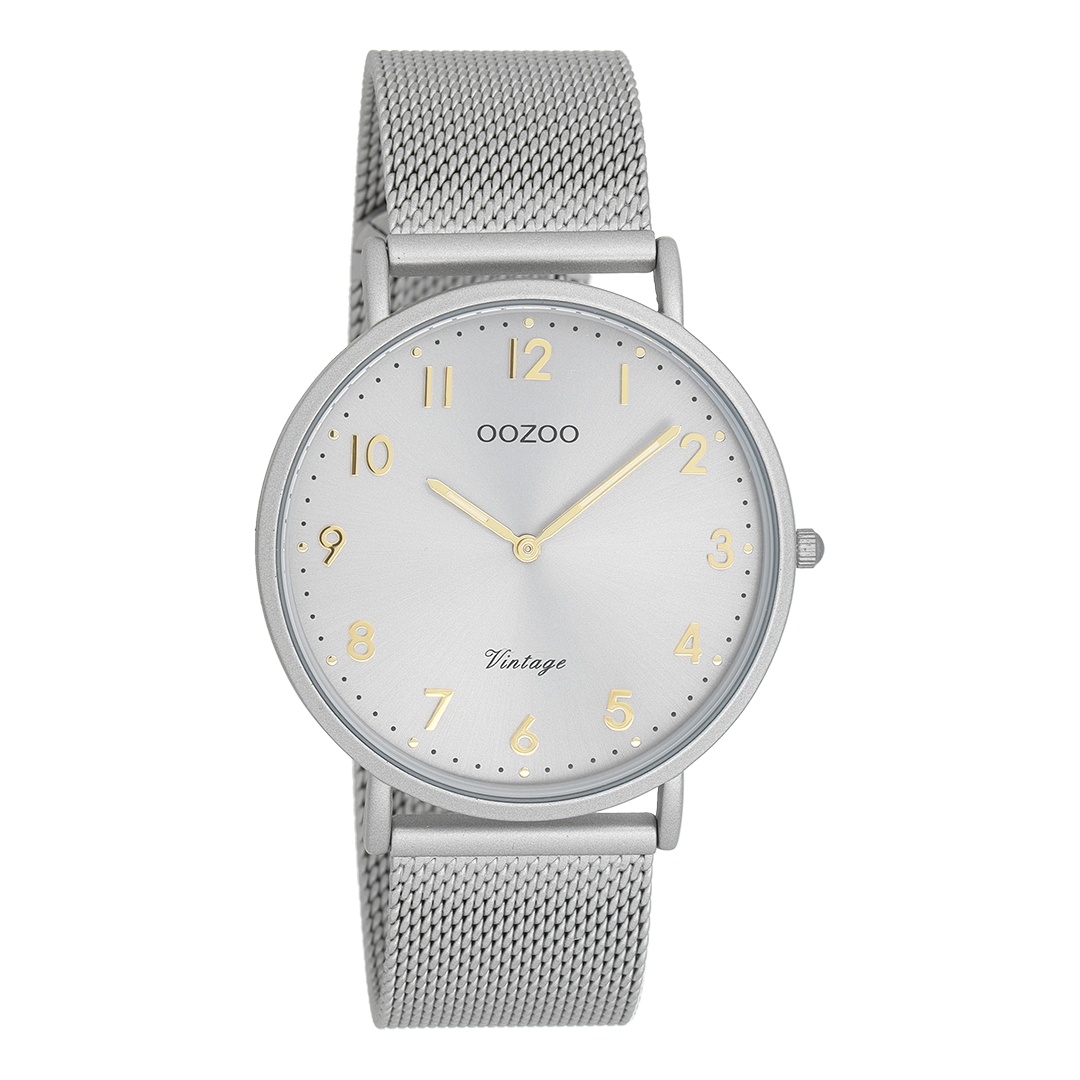 Licht grijze OOZOO horloge met metalen mesh armband - C20379