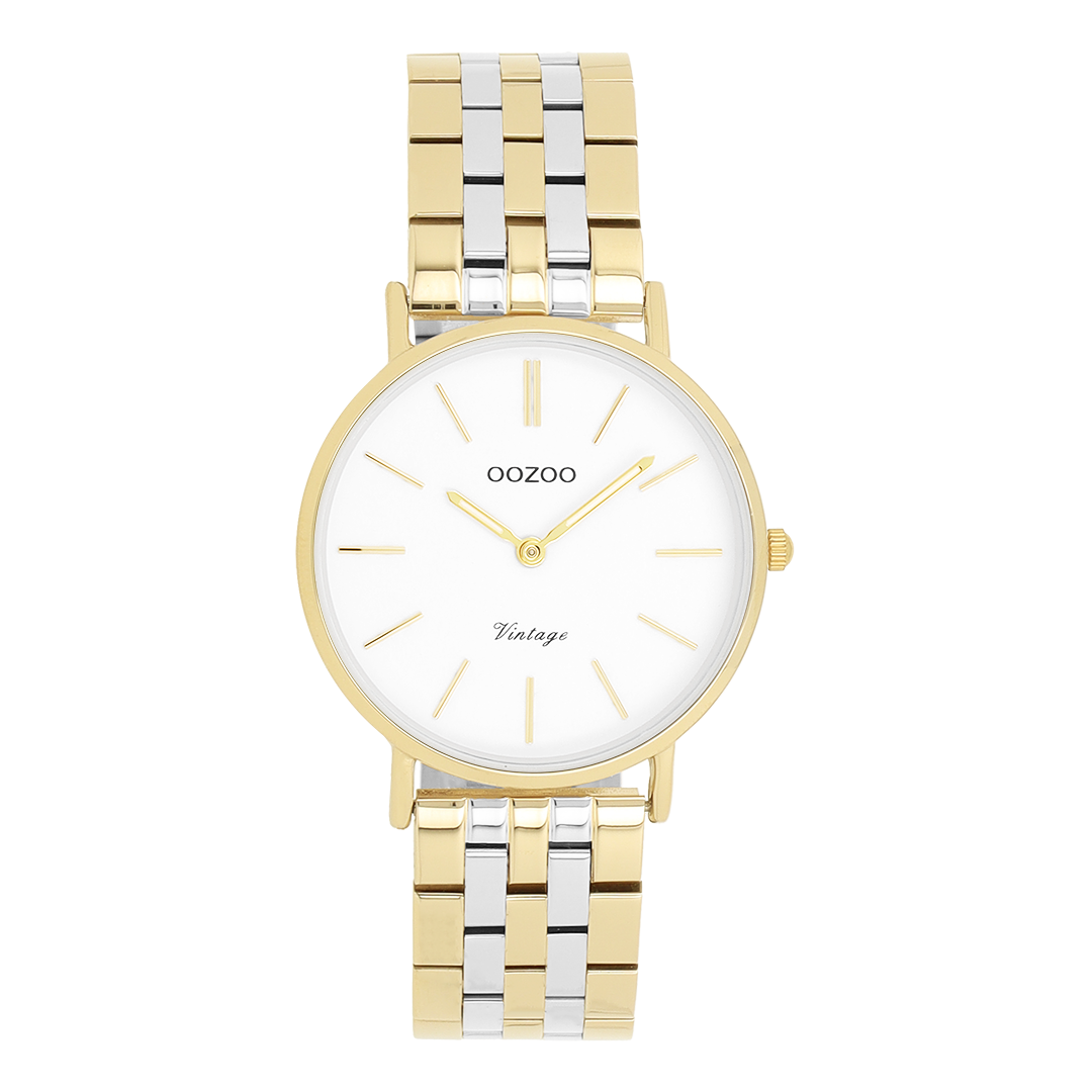 Goudkleurige OOZOO horloge met zilverkleurig/gouden roestvrijstalen armband - C20407