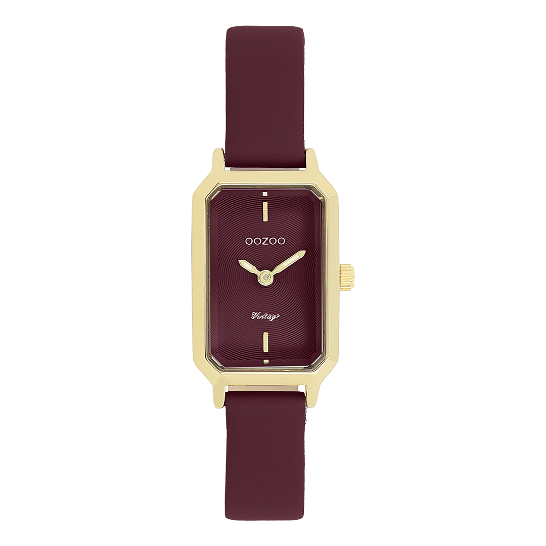 Goudkleurige OOZOO horloge met bordeaux rode leren band - C20453
