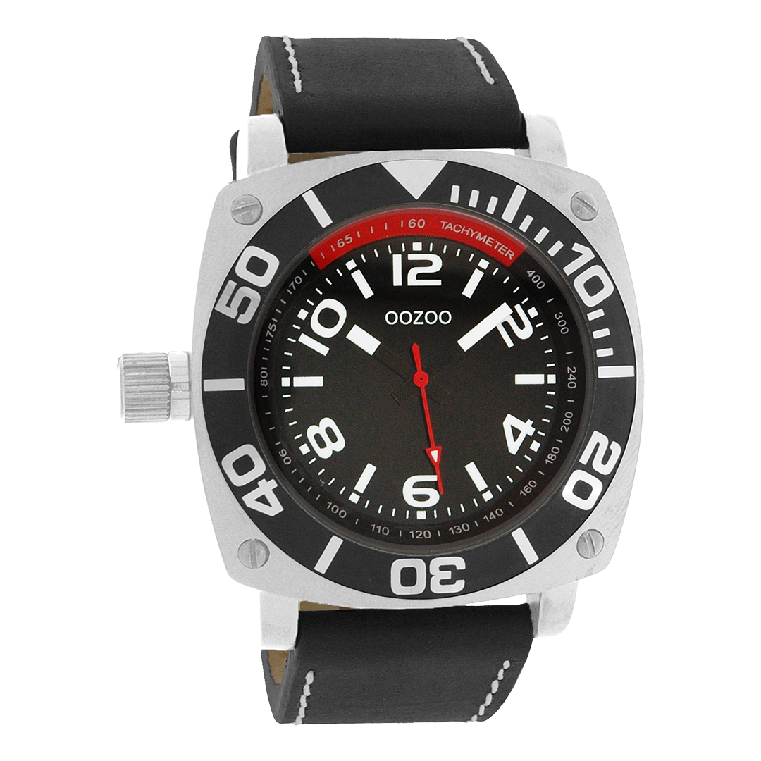 Silver coloured OOZOO watch with black leather strap - C2281