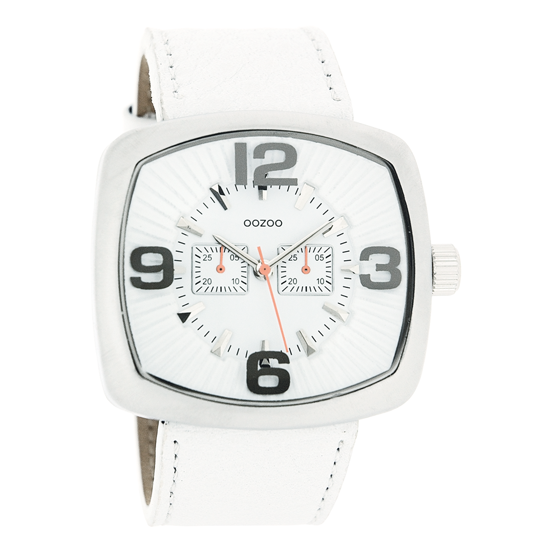 Silver coloured OOZOO watch with white leather strap - C3260