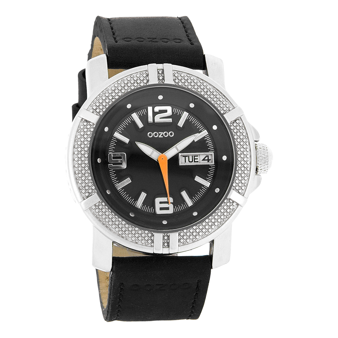 Silver coloured OOZOO watch with black leather strap - C4109
