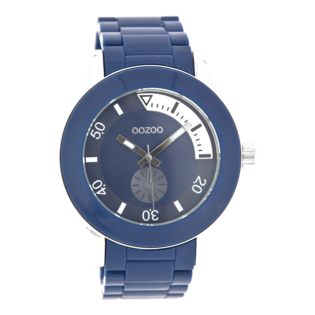 Silver coloured OOZOO watch with dark blue plastic watch strap - C4258