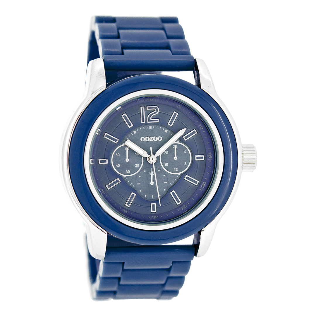 Silver coloured OOZOO watch with blue plastic watch strap - C4942