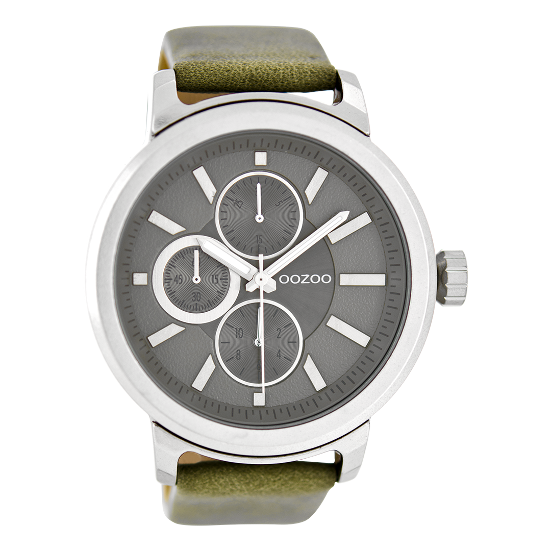 Silver coloured OOZOO watch with green grey leather strap - C6066