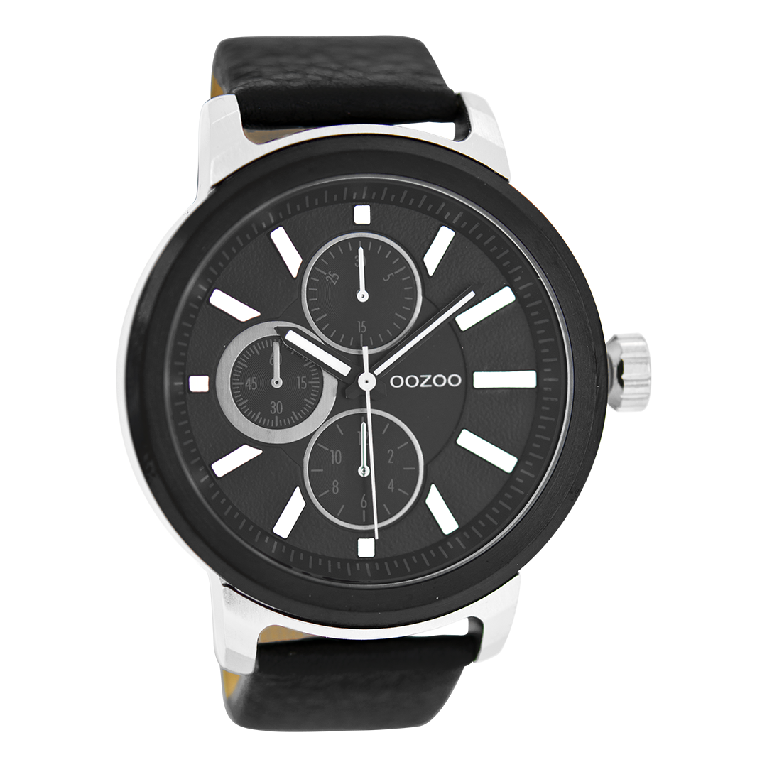 Silver coloured OOZOO watch with black leather strap - C6069