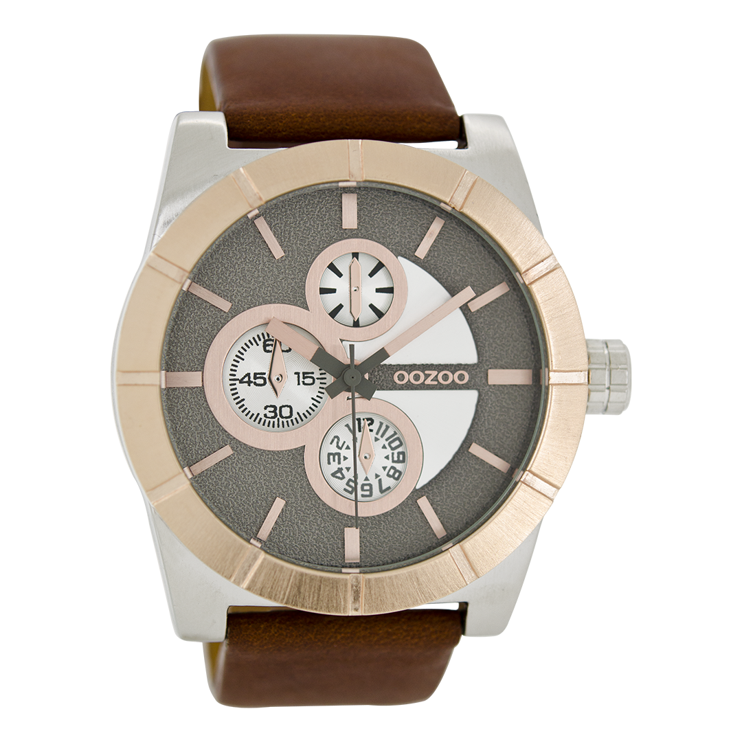 Silver coloured OOZOO watch with brown leather strap - C6432