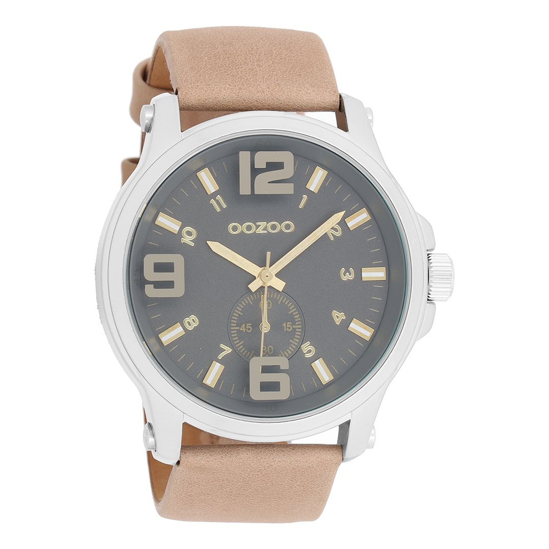 Silver coloured OOZOO watch with sand leather strap - C6455