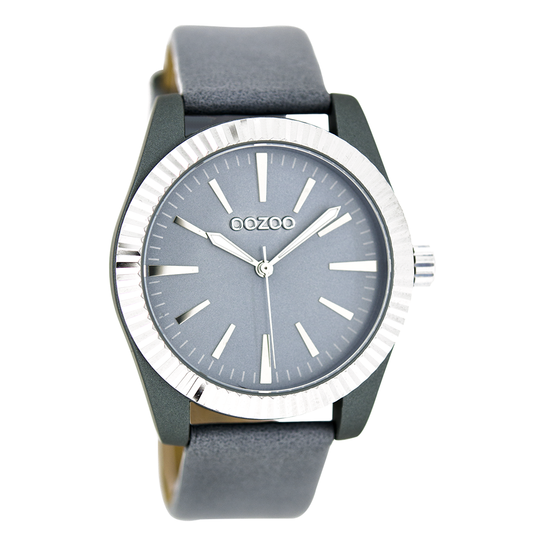 Silver coloured OOZOO watch with aqua grey leather strap - C6517