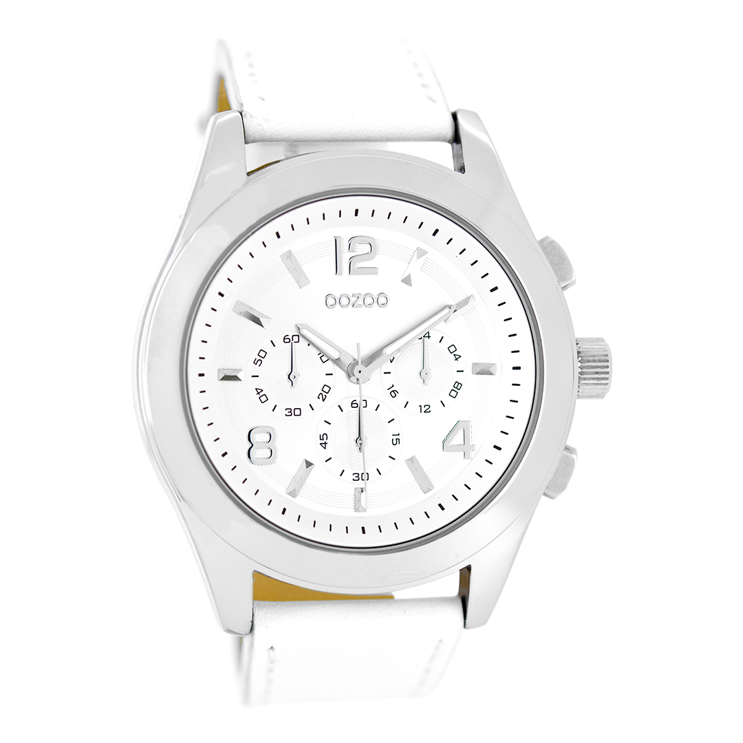 Silver coloured OOZOO watch with white leather strap - C6585