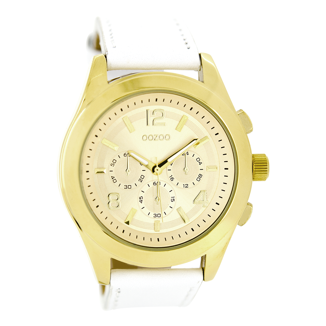 Gold coloured OOZOO watch with white leather strap - C6588