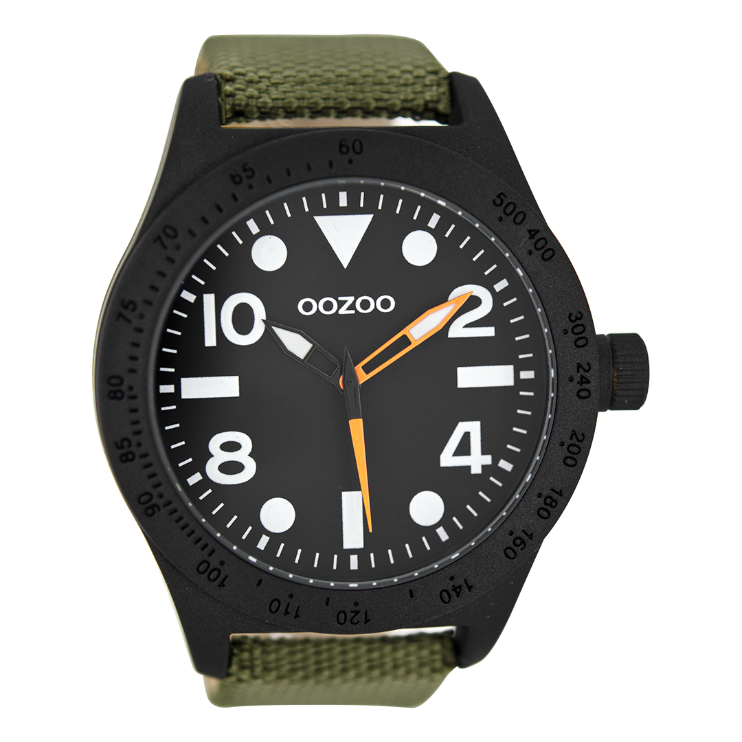 Black OOZOO watch with dark green NATO watch strap - C6751