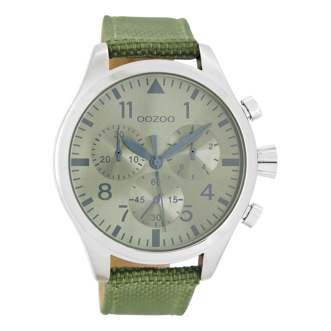 Silver coloured OOZOO watch with green NATO watch strap - C6798