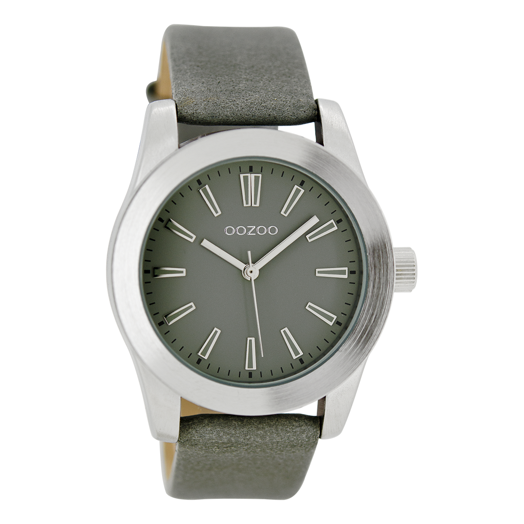 Silver coloured OOZOO watch with grey leather strap - C6860
