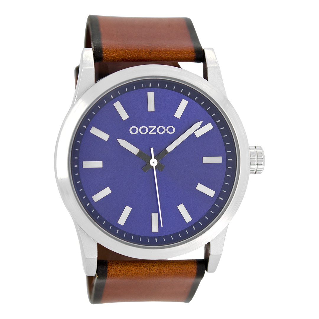 Silver coloured OOZOO watch with brown leather strap - C7037