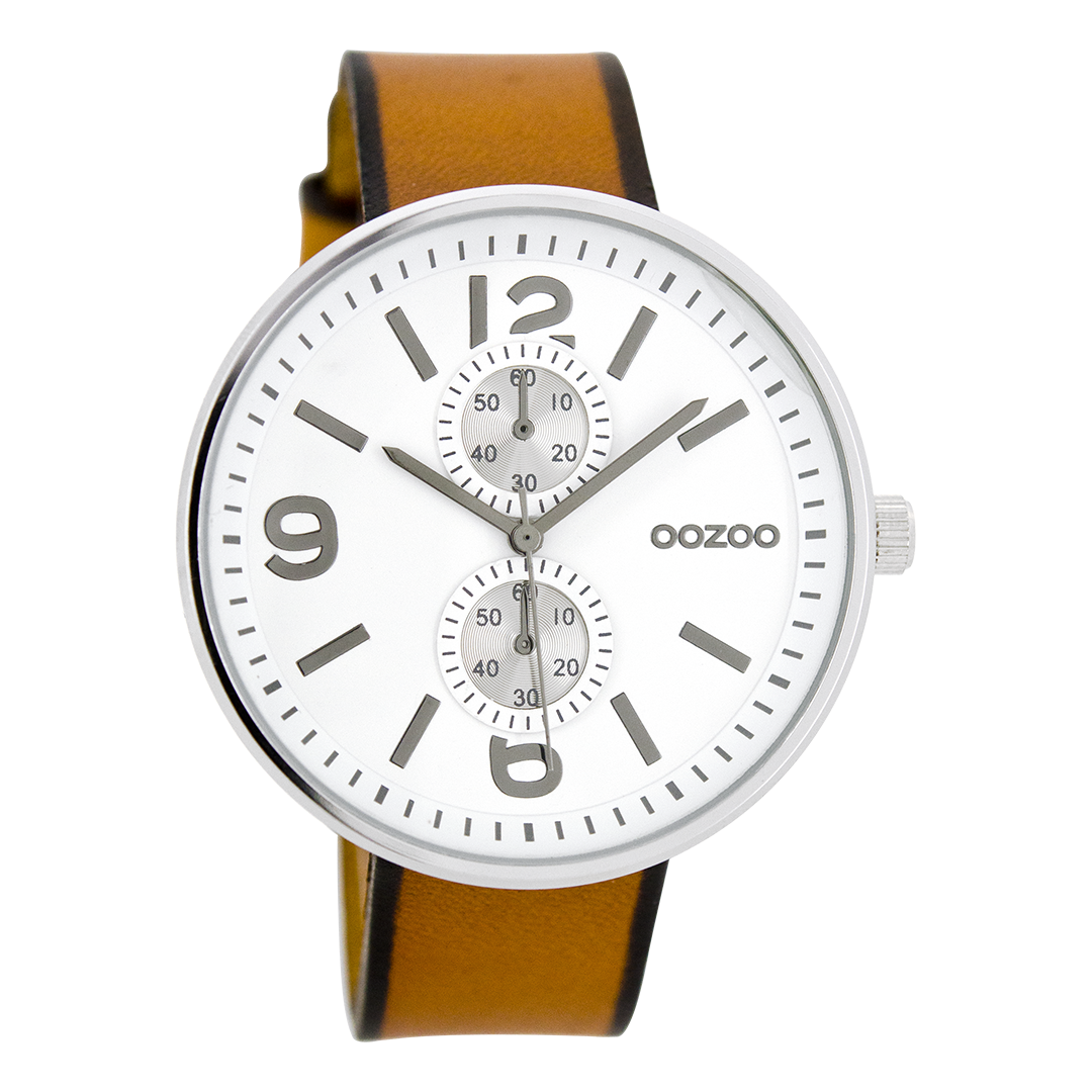 Silver coloured OOZOO watch with cognac leather strap - C7075