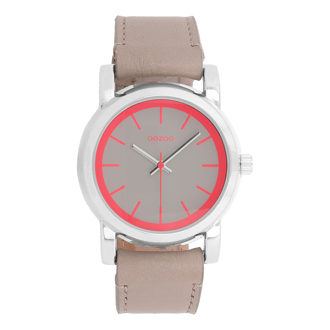 Silver coloured OOZOO watch with taupe leather strap - C7182