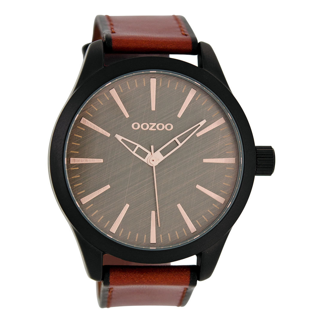 Black OOZOO watch with red brown leather strap - C7427