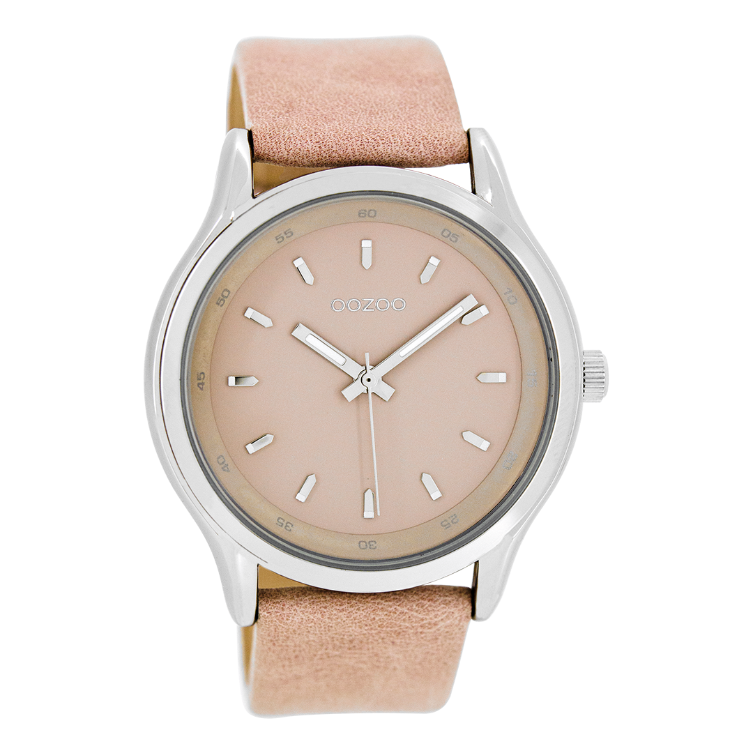 Silver coloured OOZOO watch with pink leather strap - C7436