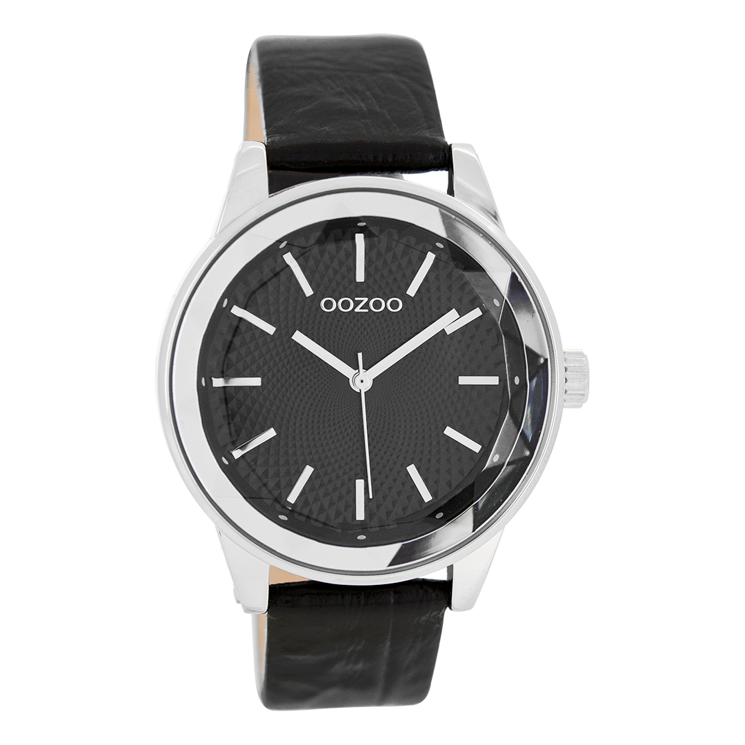 Silver coloured OOZOO watch with black leather strap - C7534