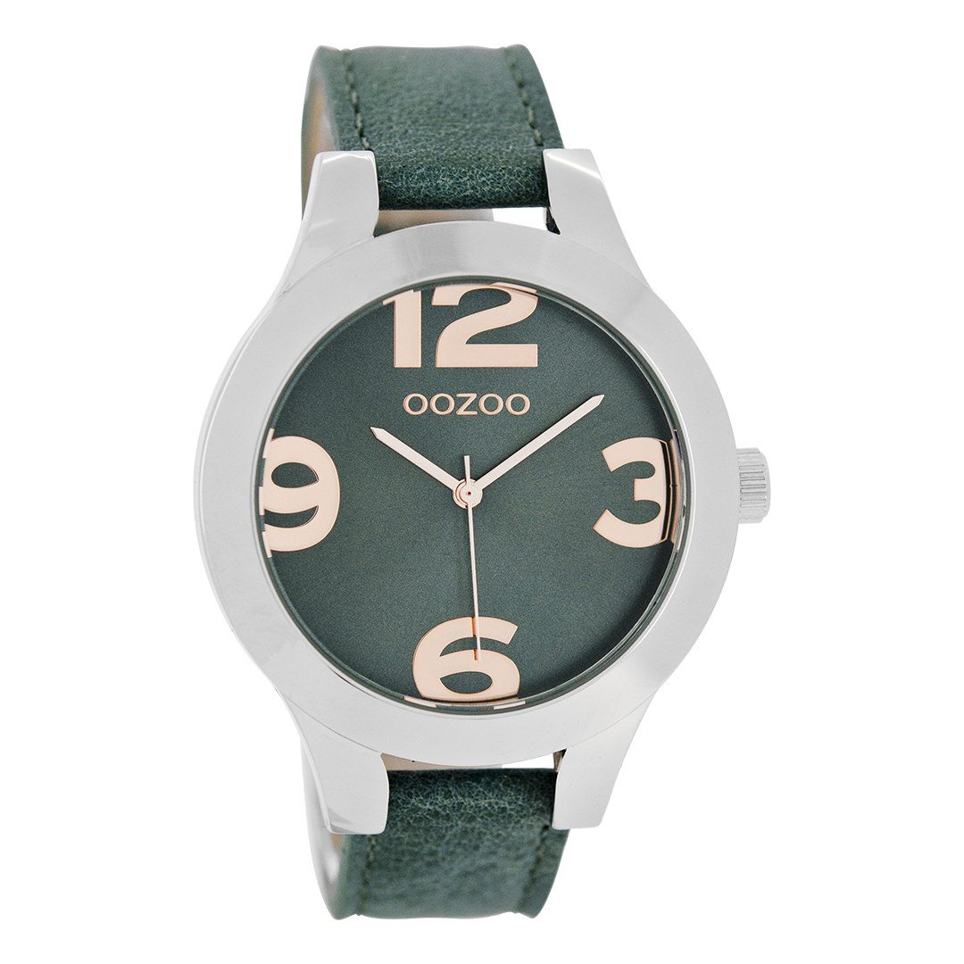 Silver coloured OOZOO watch with aqua green leather strap - C7593