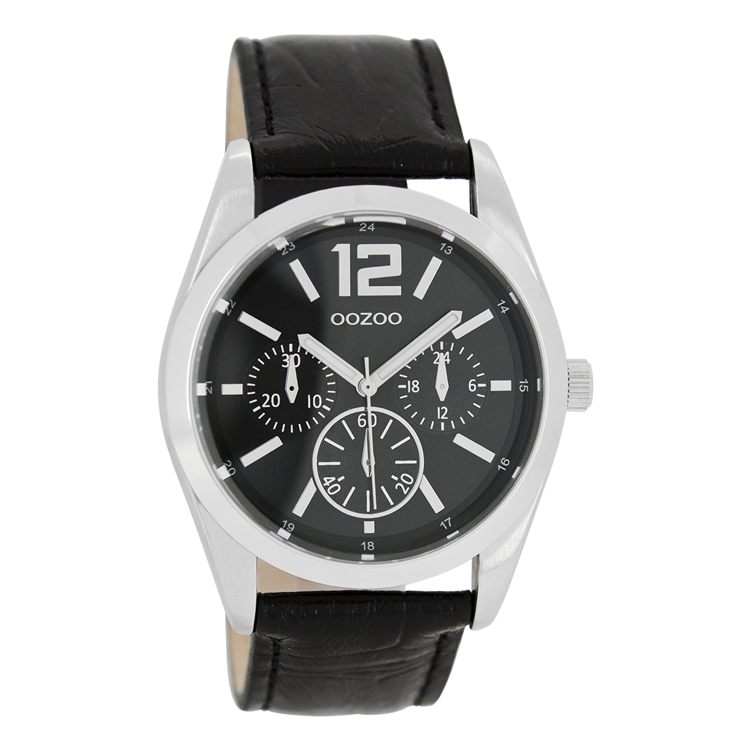 Silver coloured OOZOO watch with black leather strap - C7623